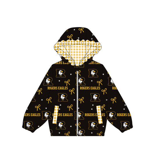 (Custom Design Preorder MOQ 5) Teams Rogers Eagles Black Bows Stars Print Girls Pockets Zipper Ruffle Hoodie Yoga Jacket Top