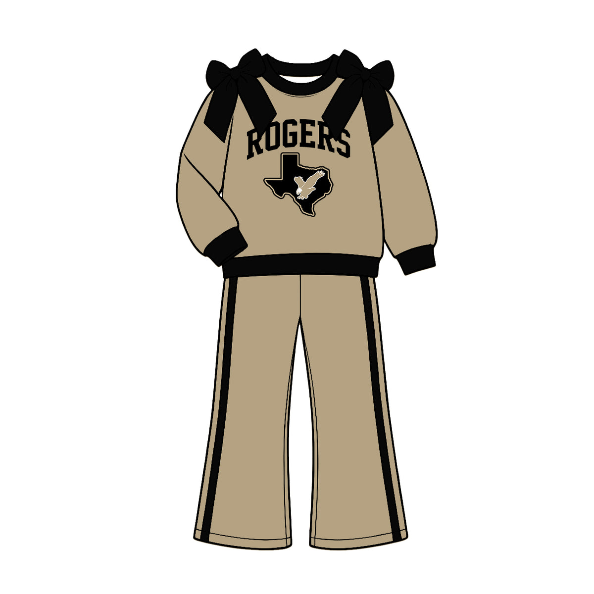 (Custom Design Preorder MOQ 5) Teams Rogers Eagles Black Bows Top Taupe Pockets Pants Girls Clothes Set
