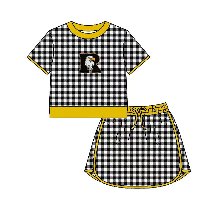 (Custom Design Preorder MOQ 5) Teams Rogers eagles Gold Edge Top Black Checkerd Skort Girls Summer Yoga Clothes Set