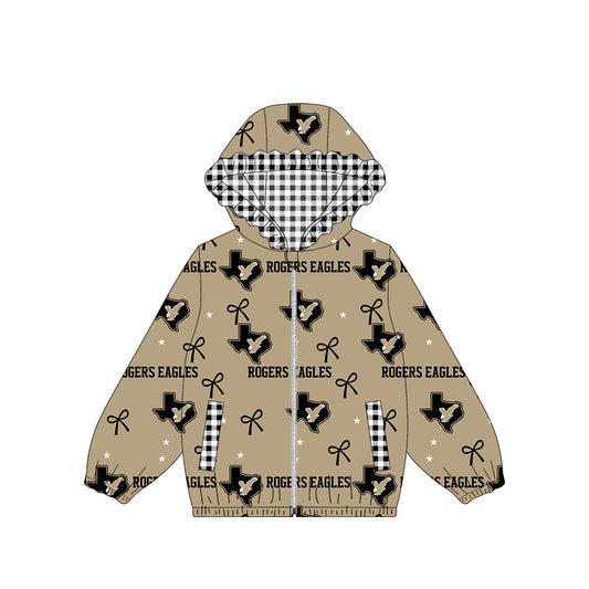 (Custom Design Preorder MOQ 5) Teams Rogers Eagles Bows Stars Print Girls Pockets Zipper Ruffle Hoodie Yoga Jacket Top