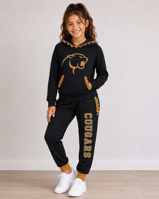 (Custom Design Preorder MOQ 5) Teams Rosebud Lott Cougars Black Gold Ruffles Hoodie Top Pockets Joggers Pants Woman Yoga Clothes Set