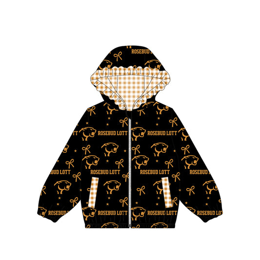 (Custom Design Preorder MOQ 5) Teams Rosebud Lott Bows Stars Print Girls Pockets Zipper Ruffle Hoodie Yoga Jacket Top