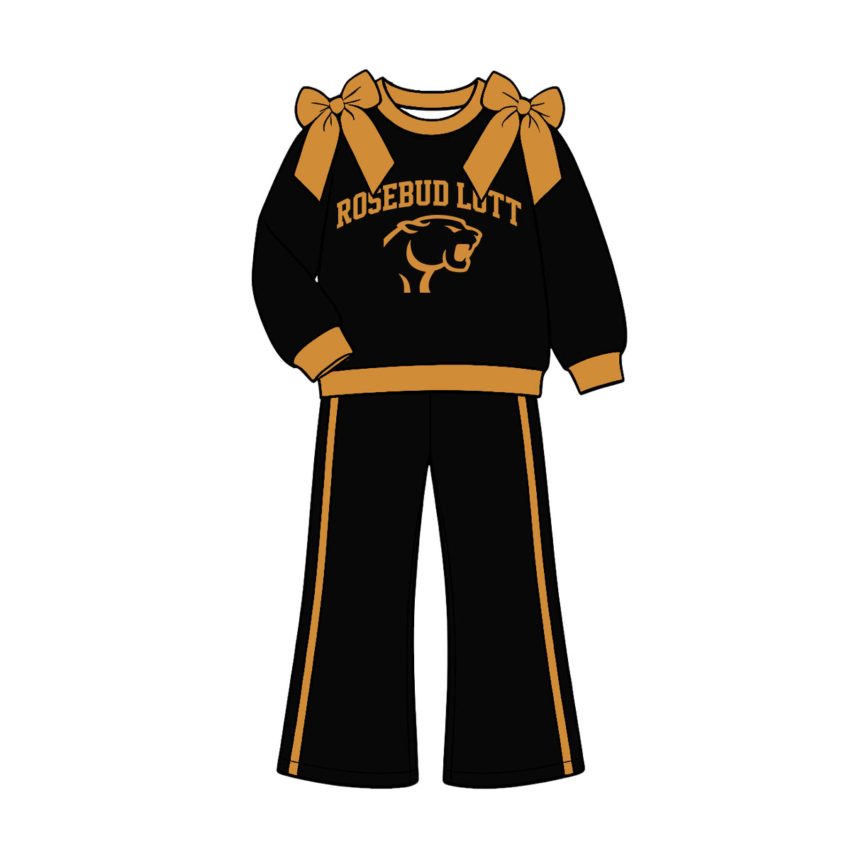 (Custom Design Preorder MOQ 5) Teams Rosebud Lott Gold Bows Top Black Pockets Pants Girls Clothes Set