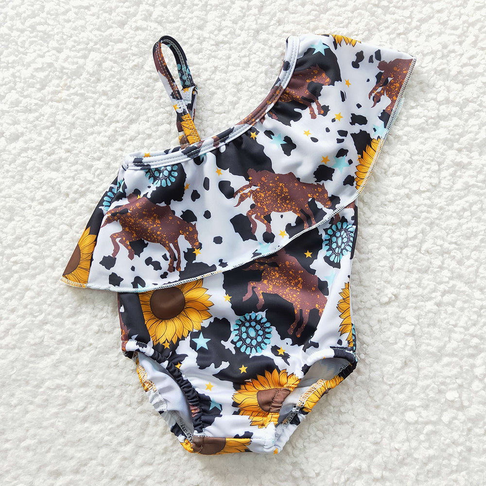 S0045 Baby Girls Horse Sunflowers 1 Piece Swimsuits