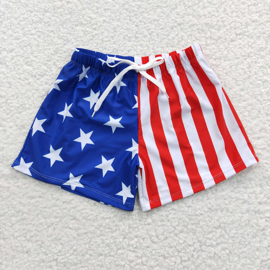 S0089  Stripes Stars Print Boys 4th of July Swim Trunks