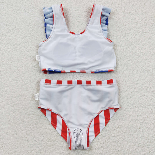 S0090 Stars Stripes Ruffle 2 Pieces Girls 4th of July Swimsuits