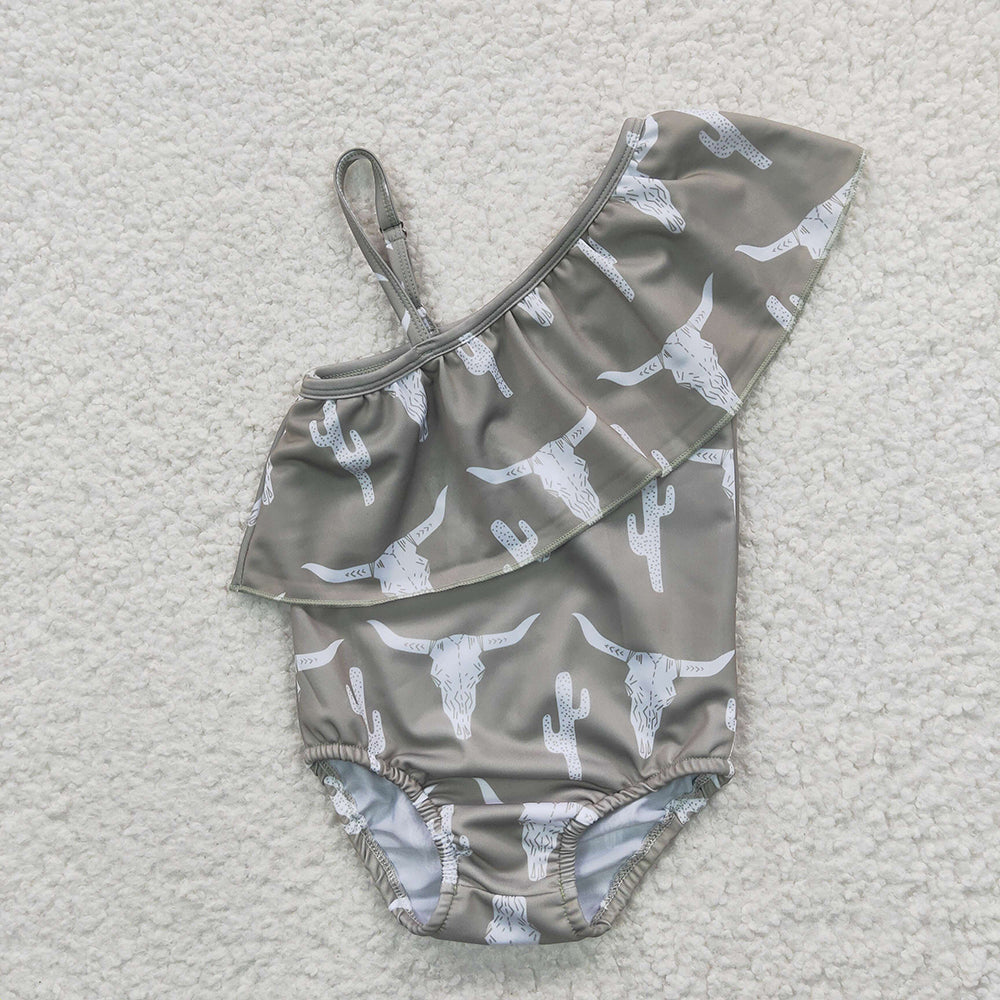 S0106 Baby Girls Cow Skull Grey 1 Piece Swimsuits