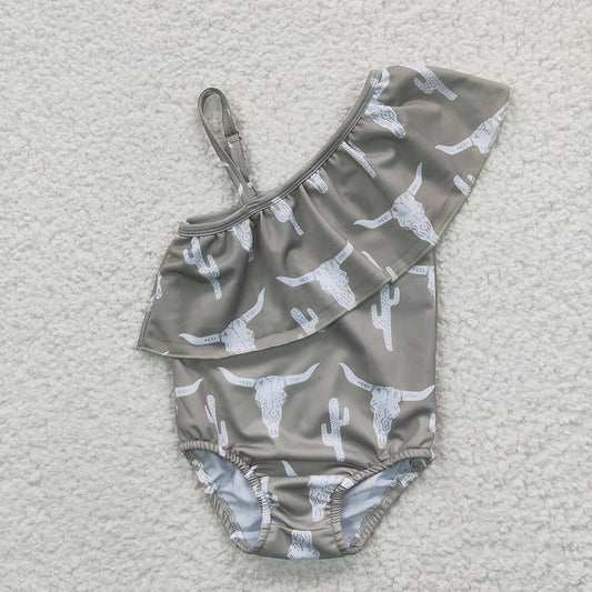 S0106 Baby Girls Cow Skull Grey 1 Piece Swimsuits