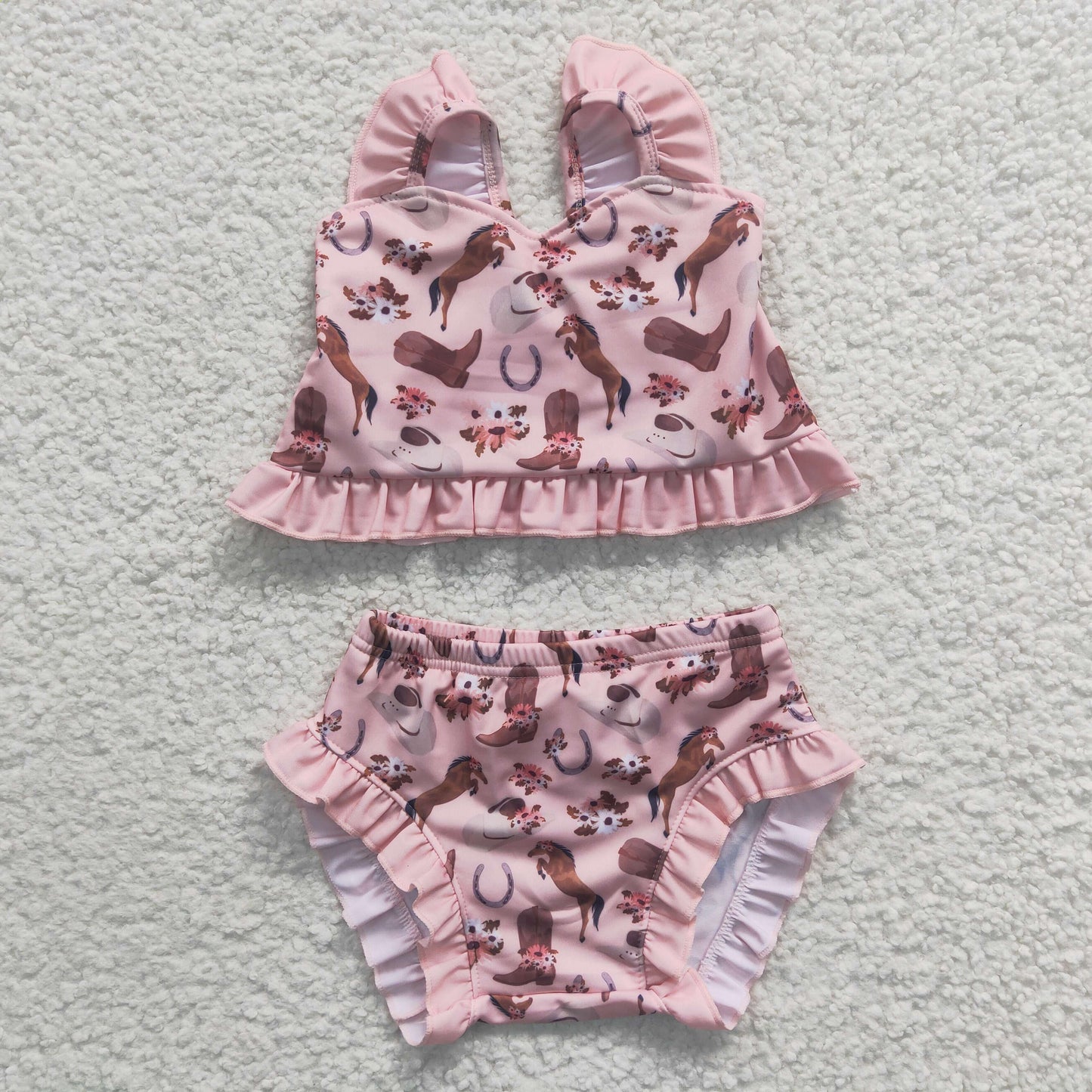 S0107 Baby Girls Horse Flowers 2 Pieces Ruffle Swimsuits