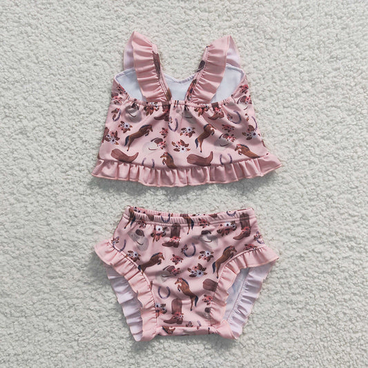 S0107 Baby Girls Horse Flowers 2 Pieces Ruffle Swimsuits