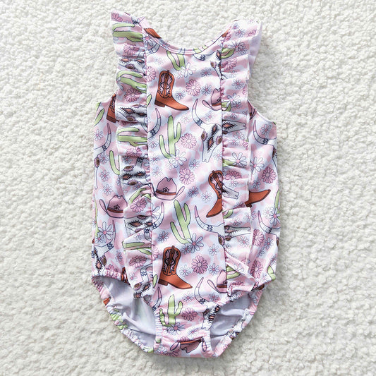 S0111 Baby Girls Boots Flowers Cow Skull 1 Piece Zipper Swimsuits