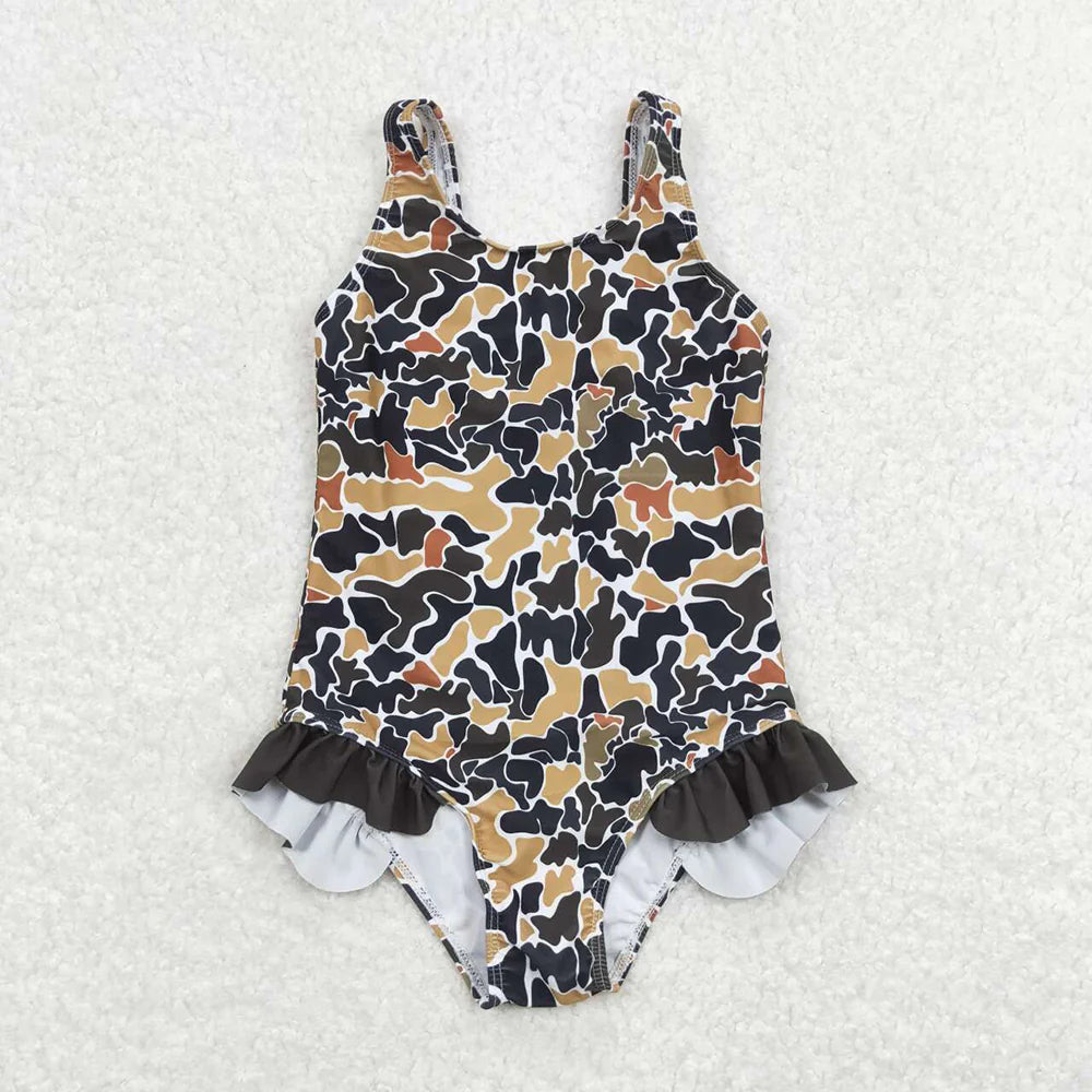 Sibling Baby Girls Strap Western Camo Print Ruffle Swimsuits