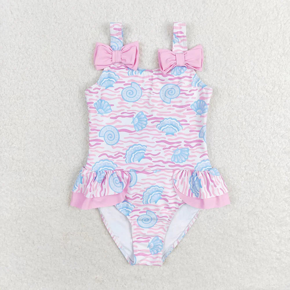 Baby Girls Pink Sea Shell Ruffle One Piece Bows Swimsuits