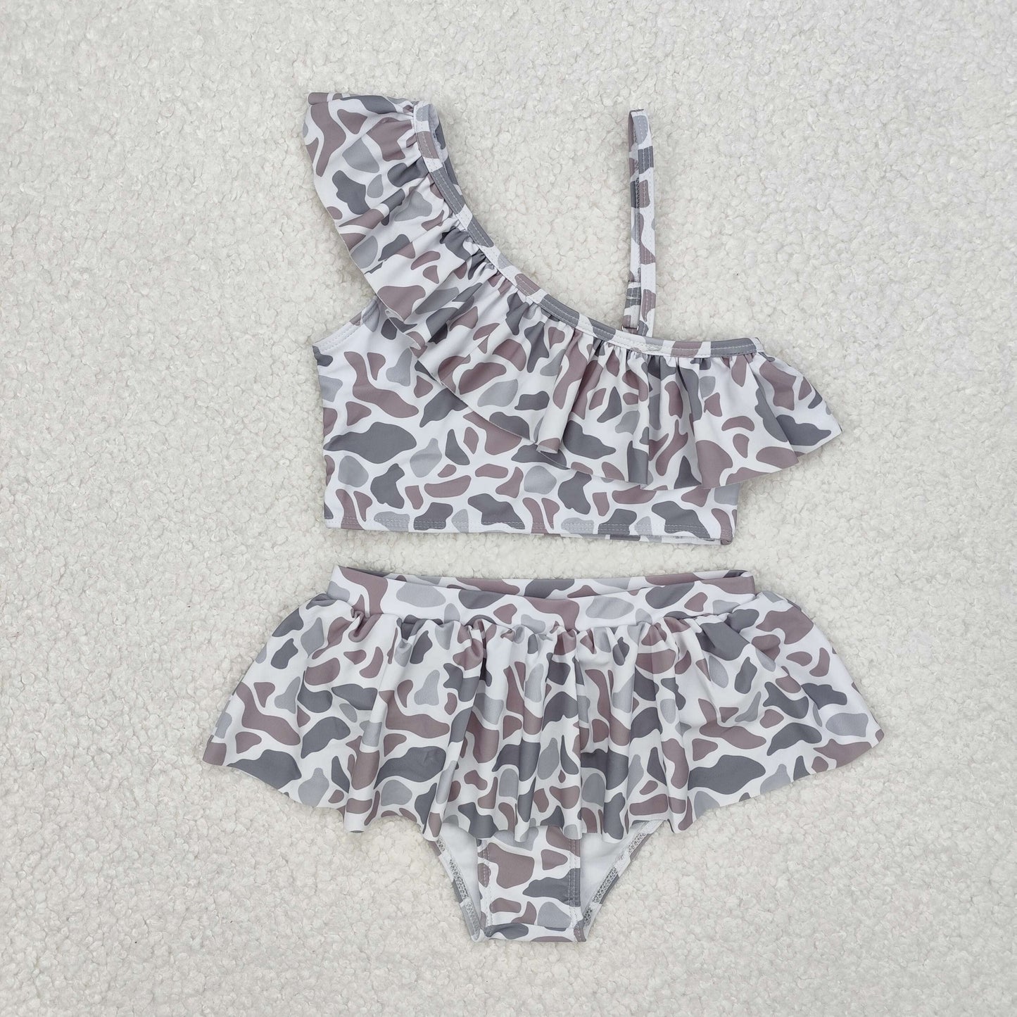 S0457 Grey Camo Baby Girls 2pcs Strap Ruffle Swimsuits
