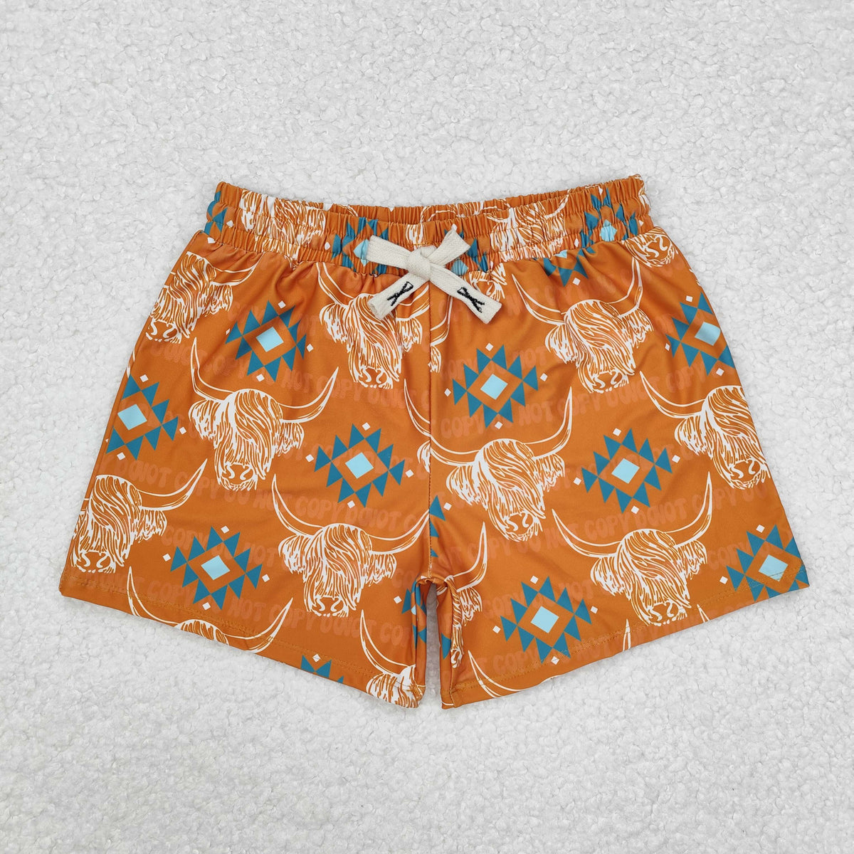 S0463 Highland Cow Aztec Print Boys Swim Trunks