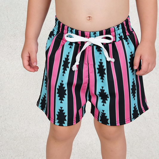 Aztec Stripes Print Boys Western Swim Trunks With Drawstring