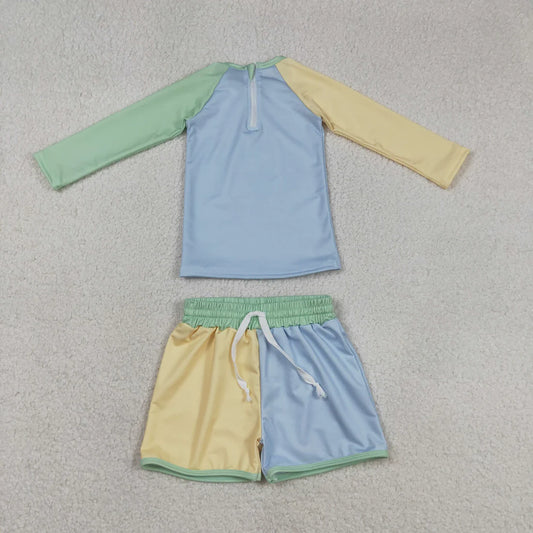S0634 Baby Boys Long Sleeve Yellow Aqua Blue Shirts Top Shorts Swimsuits