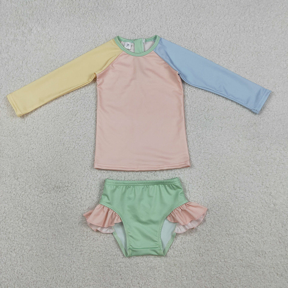 S0637 Patchwork Yellow, Pink & Blue Long Sleeve Zipper Top & Ruffle Shorts Set - Girls’ 2 Pieces Swimsuits