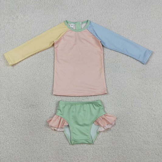 S0637 Patchwork Yellow, Pink & Blue Long Sleeve Zipper Top & Ruffle Shorts Set - Girls’ 2 Pieces Swimsuits