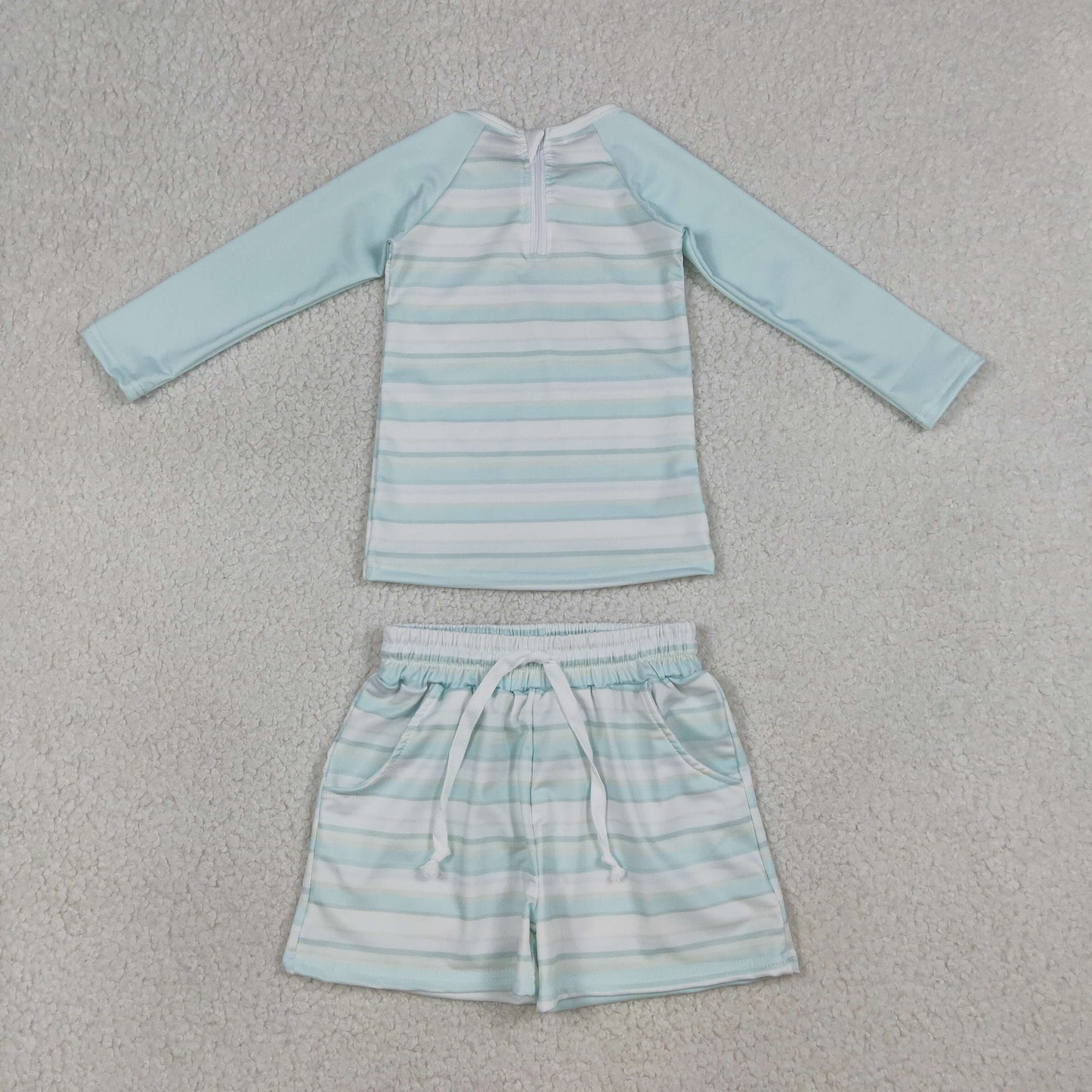 S0649 Light Blue Stripe Zipper Top Pockets Shorts Baby Boys Swimsuits