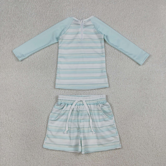 S0649 Light Blue Stripe Zipper Top Pockets Shorts Baby Boys Swimsuits