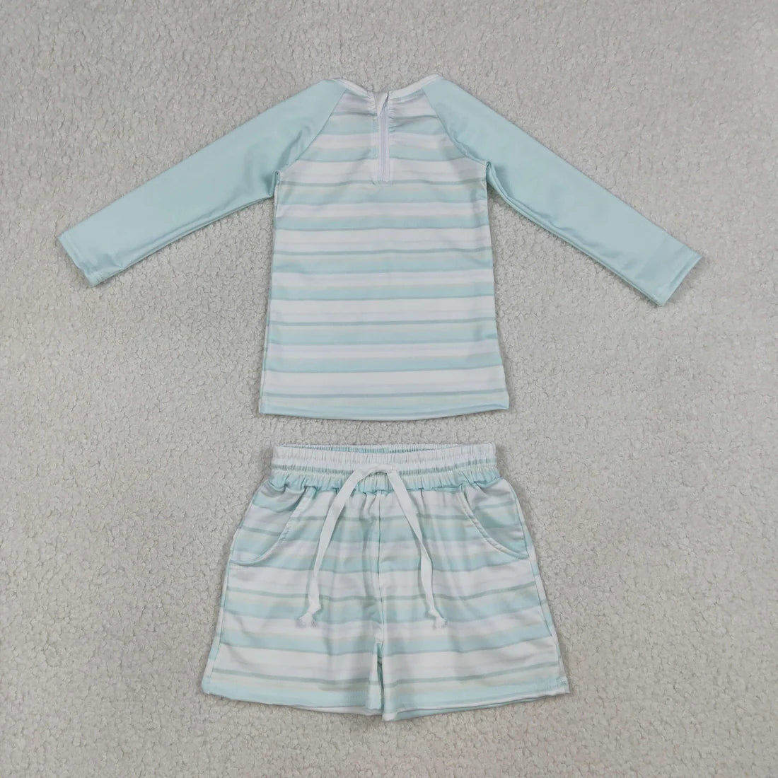 S0649 Light Blue Stripe Zipper Top Pockets Shorts Baby Boys Swimsuits