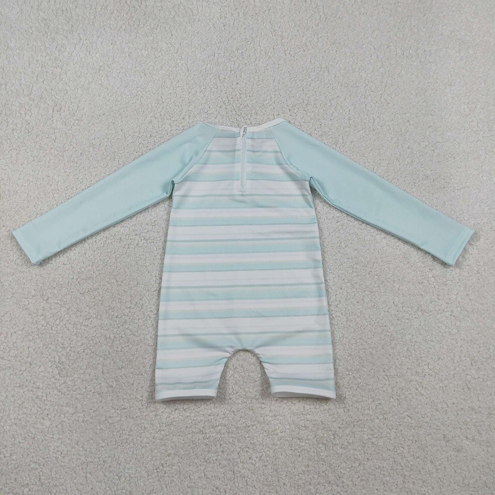 S0650 Boys' Blue Striped Long Sleeve Zipper One-Piece Swimsuit