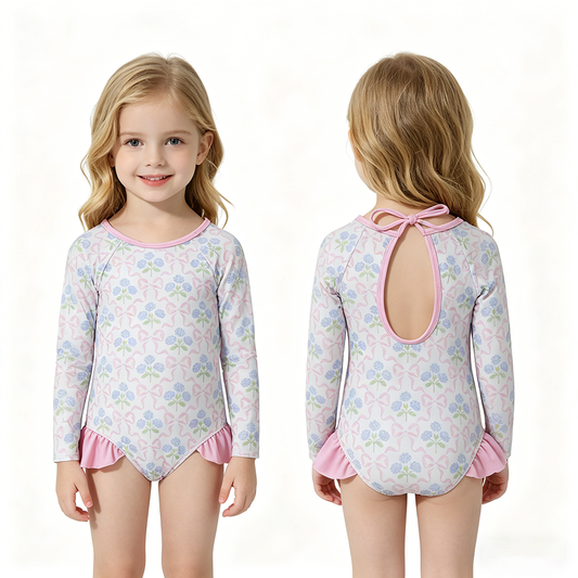 S0655 Baby Girls Small Flowers Bows 1 Piece Long Sleeve Swimsuits