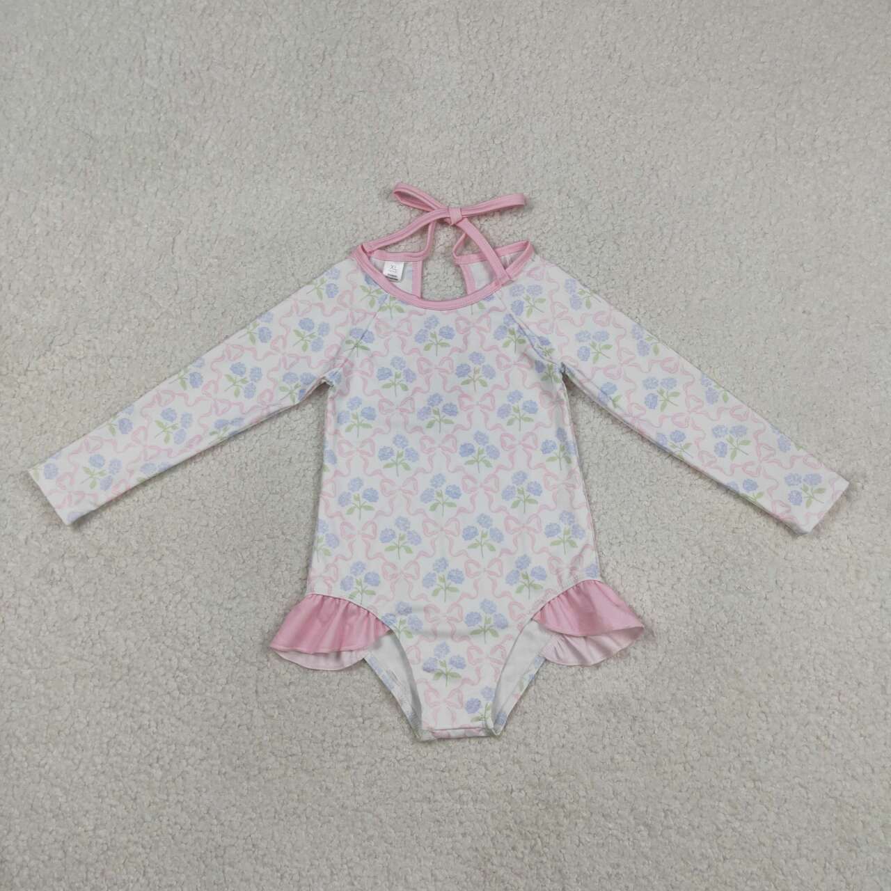 S0655 Baby Girls Small Flowers Bows 1 Piece Long Sleeve Swimsuits