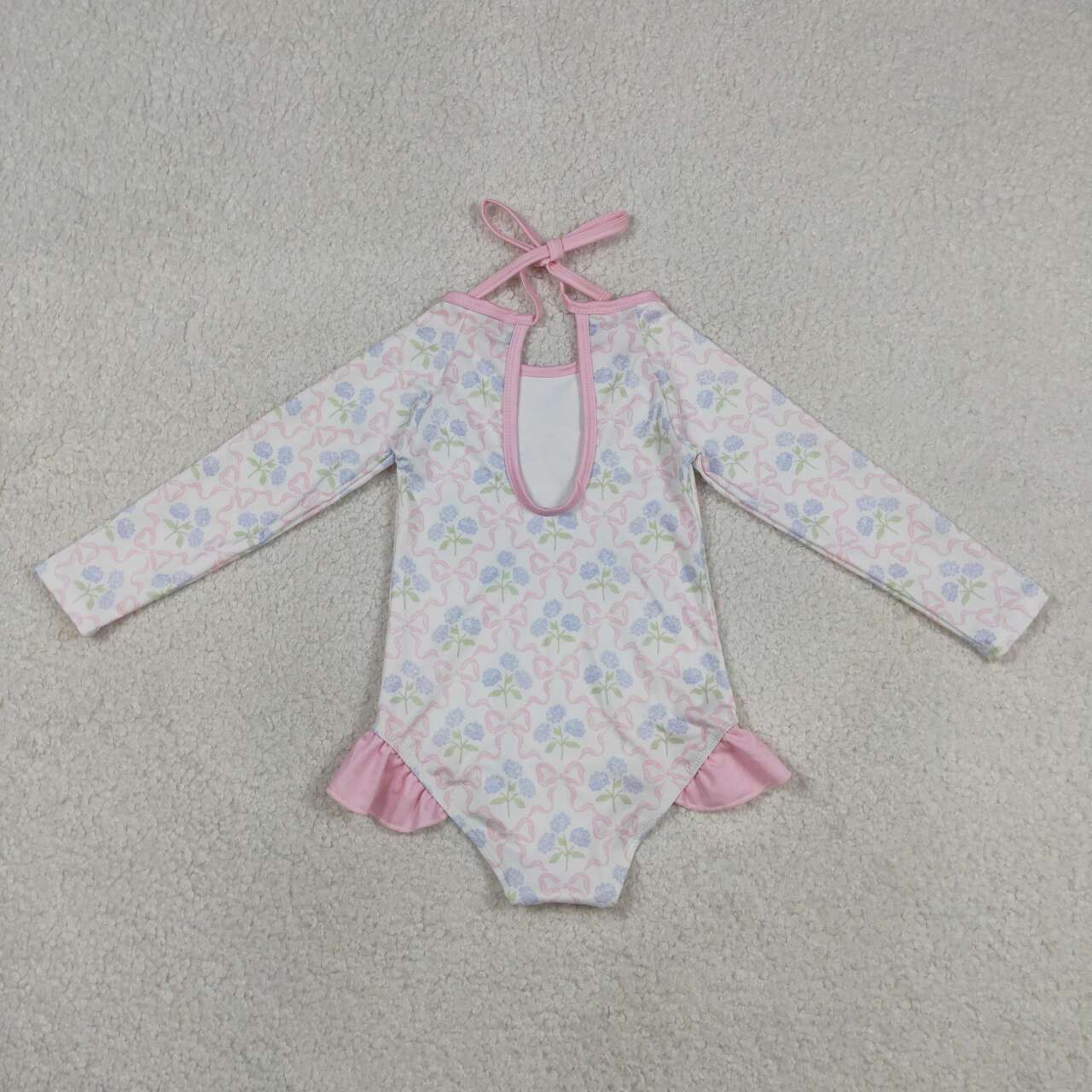 S0655 Baby Girls Small Flowers Bows 1 Piece Long Sleeve Swimsuits