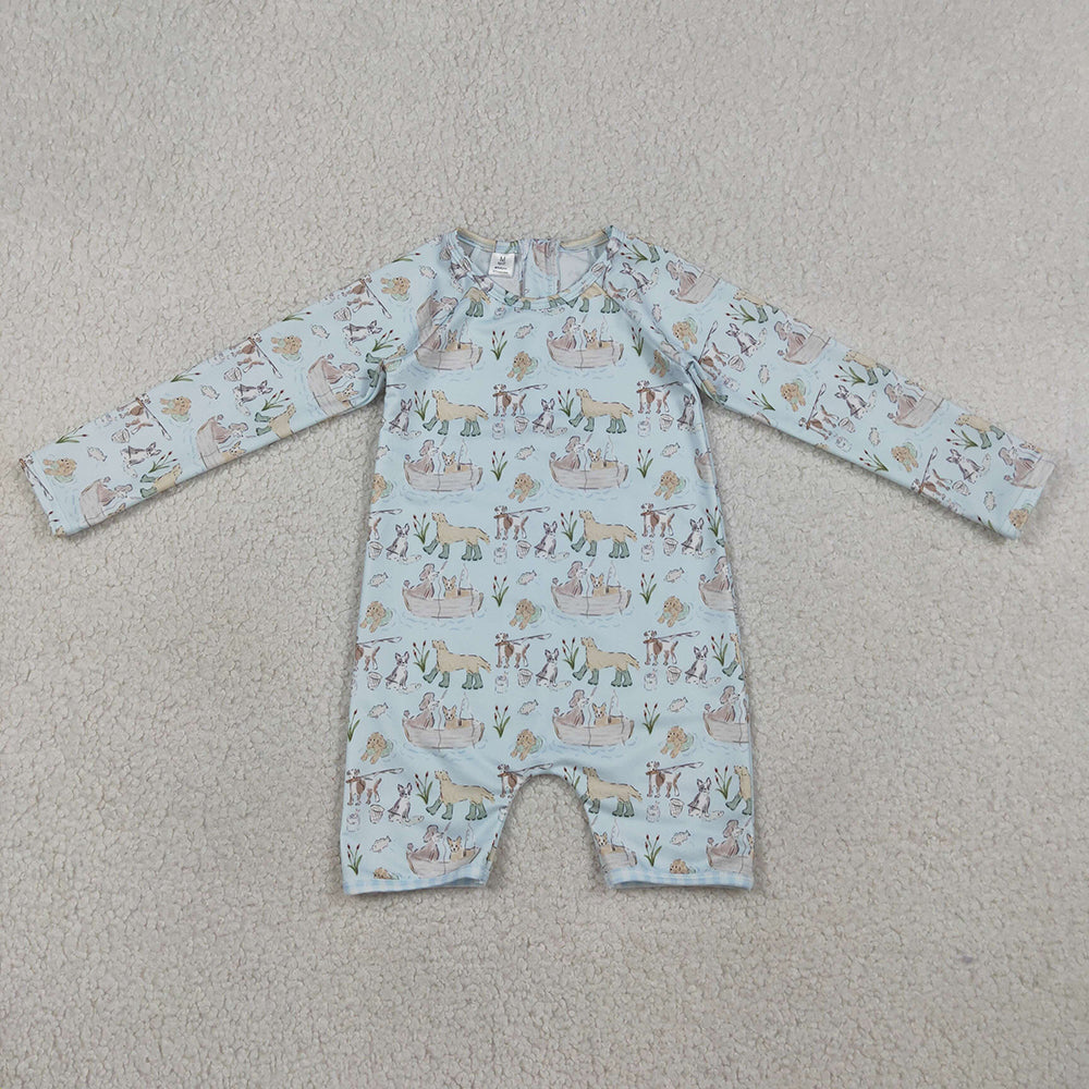 S0701 Puppy Fishing Print Baby Boys Long Sleeve Zipper 1 Piece Swimsuits