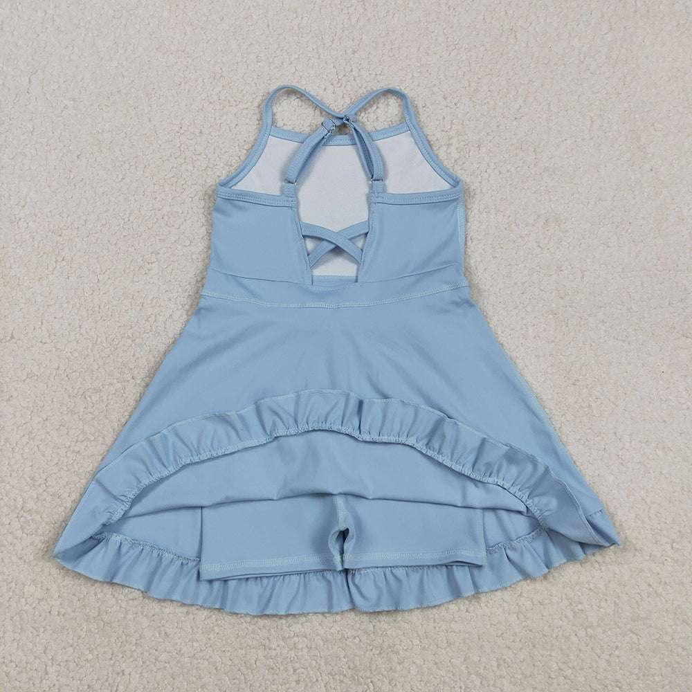 S0713  Blue Girls Summer Strap Shorts Ruffle Knee Length Yoga Dress