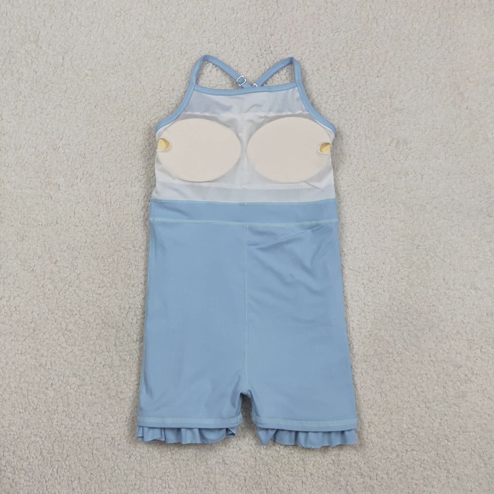 S0713  Blue Girls Summer Strap Shorts Ruffle Knee Length Yoga Dress