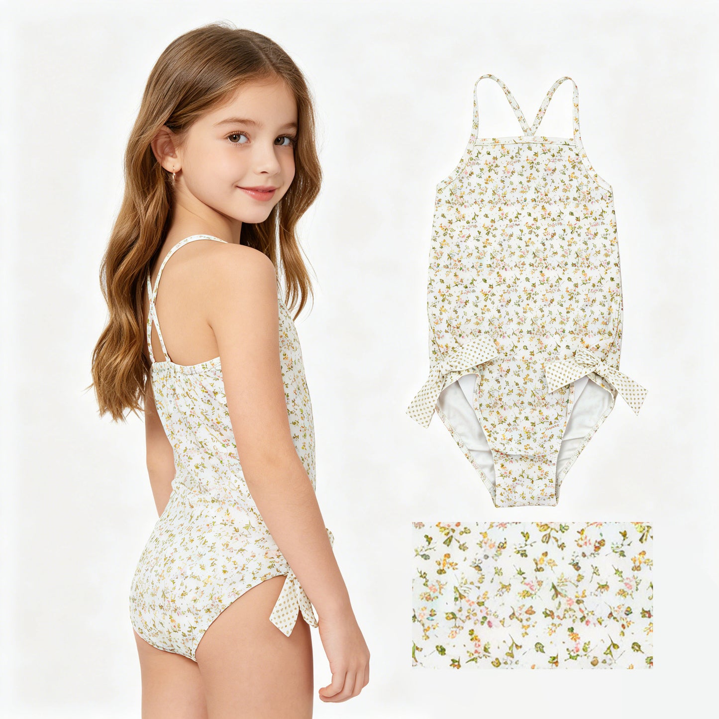 S0723  Small Floral Print Baby Girls 1 Piece Swimsuit With Ruffle