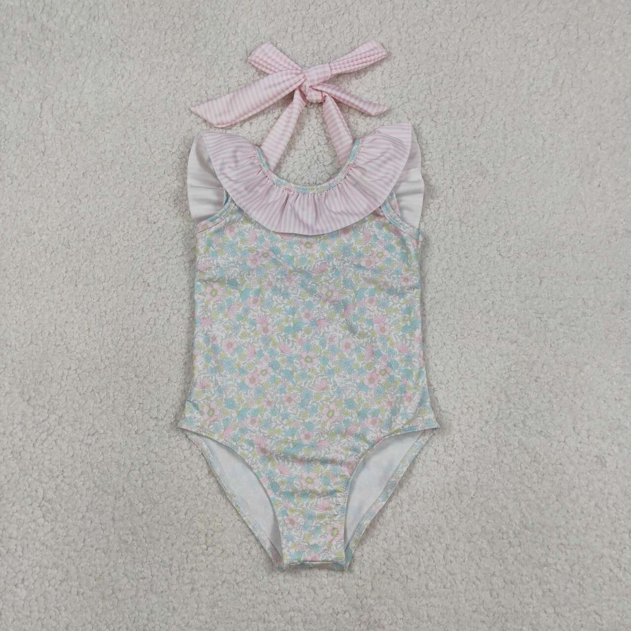 S0732 Baby Girls Pink Small Flowers 1 Piece Ruffle Swimsuits