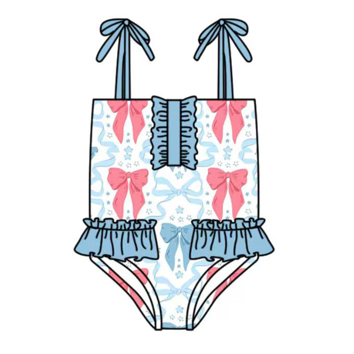 3.11 S0740 Preorder Blue Red Bows Print Ruffle Girls 4th of July 1 Piece Strap Swimsuits