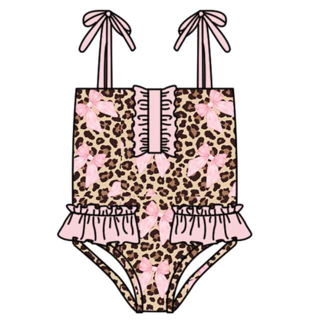 3.11 S0742 Preorder Leopard Bows Print Ruffle Girls 1 Piece Strap Swimsuits