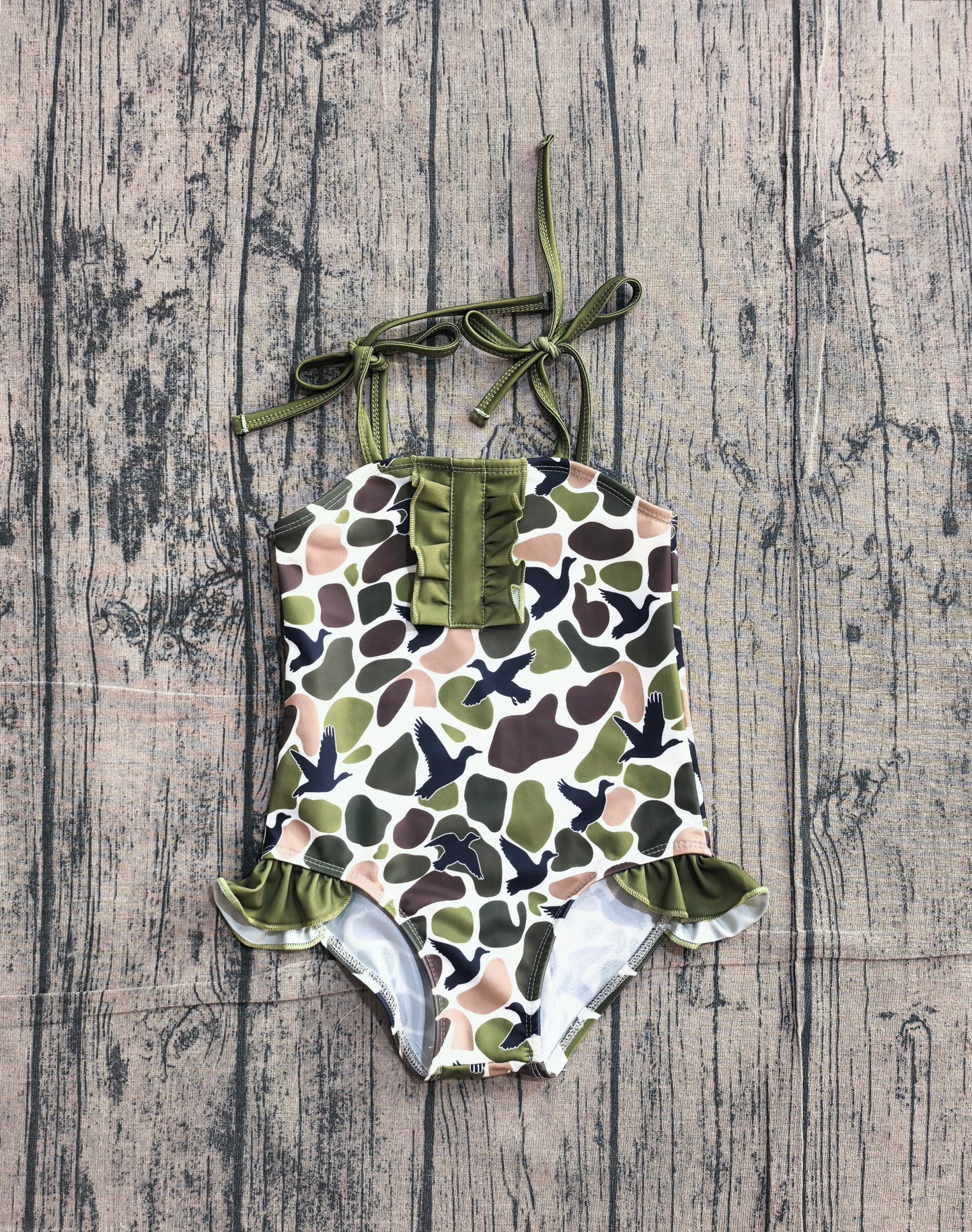 Duck Green Camo Print Ruffle Girls 1 Piece Strap Swimsuits   Preorder