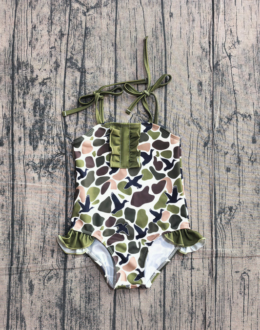 Duck Green Camo Print Ruffle Girls 1 Piece Strap Swimsuits   Preorder