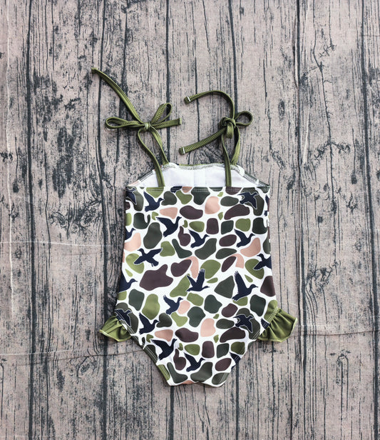 Duck Green Camo Print Ruffle Girls 1 Piece Strap Swimsuits   Preorder