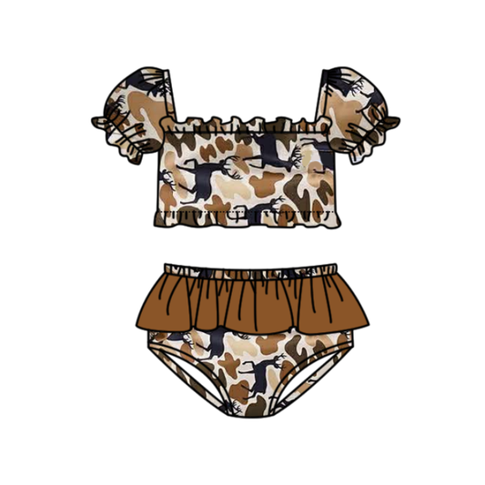 3.11 S0747 Preorder Deer Brown Camo Print Ruffle Girls 2 Pieces Puff Sleeves Swimsuits