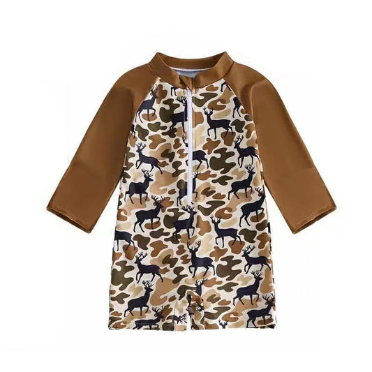 3.11 S0749 Preorder Deer Brown Camo Print Boys Long Sleeve 1 Piece Zipper Swimsuits