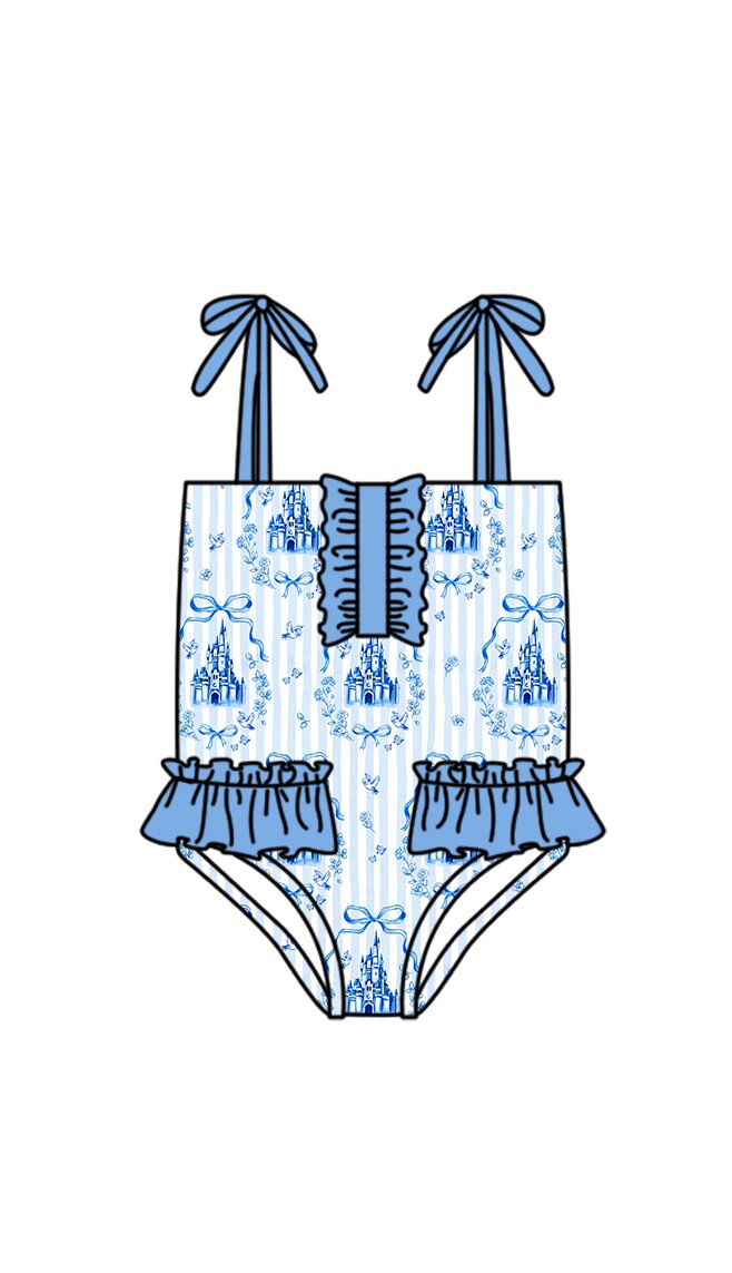 3.14 S0753 Preorder Castle Bows Stripes Print Ruffle Girls 1 Piece Strap Swimsuits