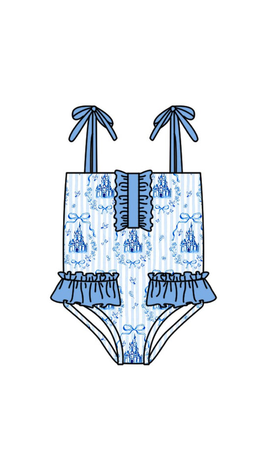 3.14 S0753 Preorder Castle Bows Stripes Print Ruffle Girls 1 Piece Strap Swimsuits