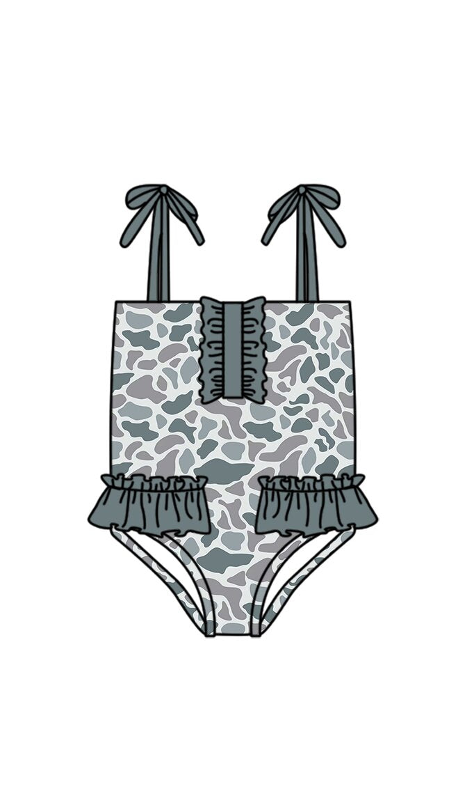 3.14 S0754 Preorder Grey Camo Print Ruffle Girls 1 Piece Strap Swimsuits