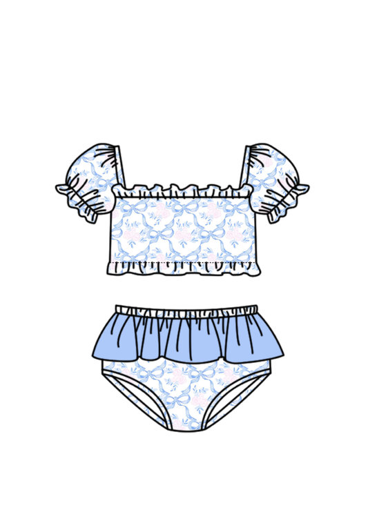 3.14 S0757 Preorder Blue Bows Print Ruffle Girls 2 Pieces Puff Sleeves Swimsuits