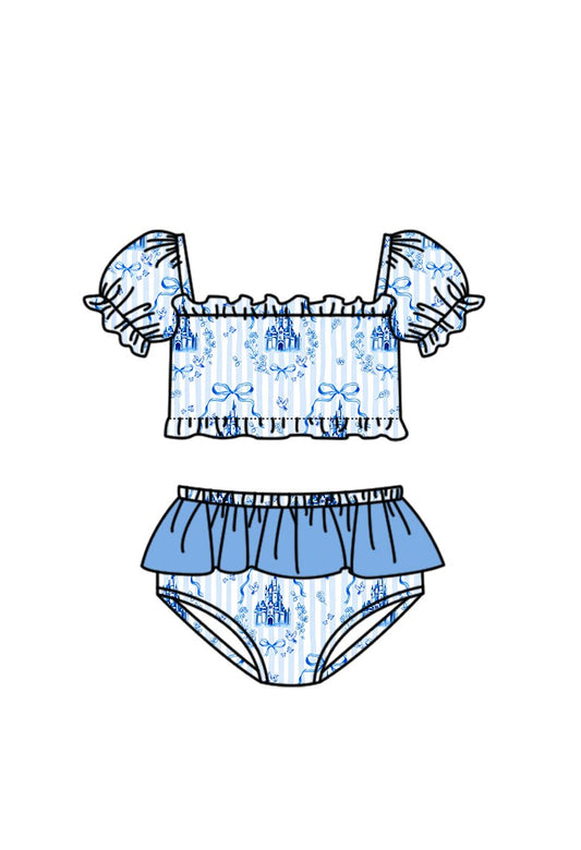 3.14 S0758 Preorder Castle Bows Stripes Print Ruffle Girls 2 Pieces Puff Sleeves Swimsuits