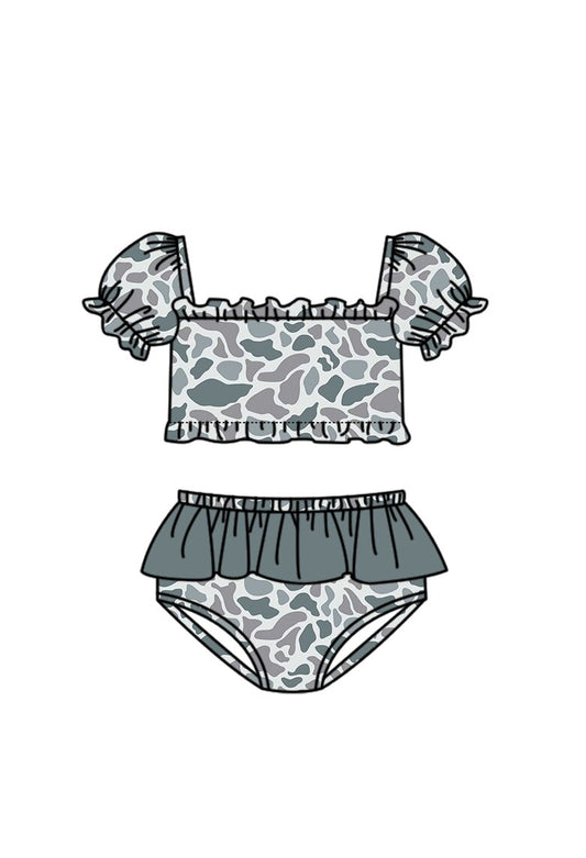 3.14 S0759 Preorder Grey Camo Print Ruffle Girls 2 Pieces Puff Sleeves Swimsuits