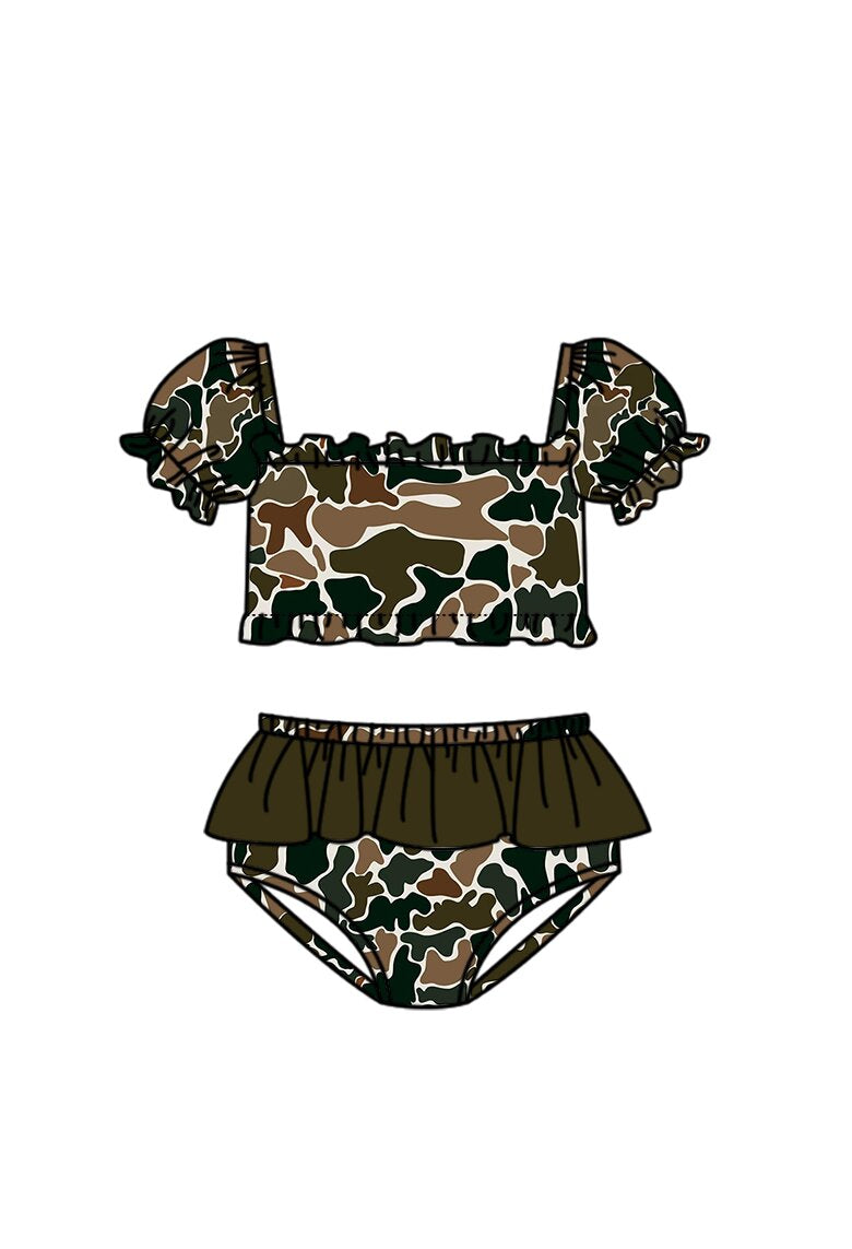 3.14 S0761 Preorder Brown Camo Print Ruffle Girls 2 Pieces Puff Sleeves Swimsuits