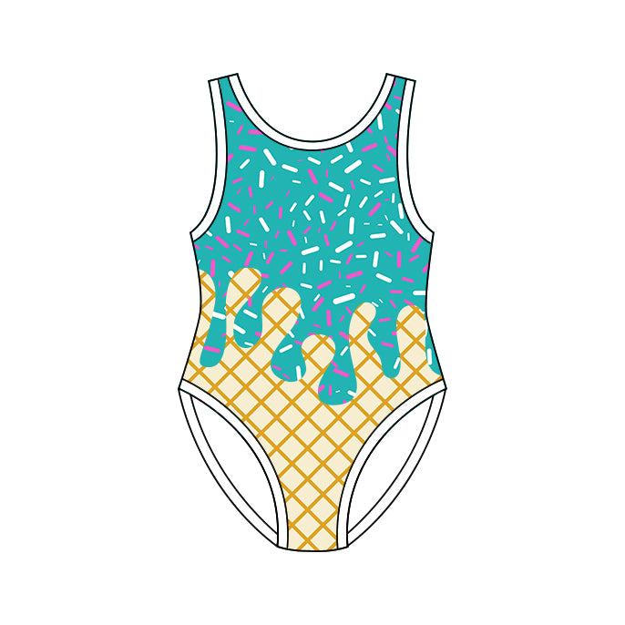 4.8 S0773 Preorder Green Sprinkles Drip Print Girls 1 Piece Swimsuits